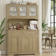 Hiphuta 72"Tall Kitchen Pantry Storage Cabinet with Power Outlet, Freestanding Cupboard Storage Buffet Hutch with Microwave Stand, Storage Pantry with Drawers & Glass Doors, Oak