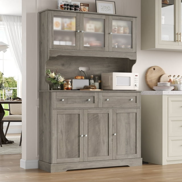 Hiphuta 72"Tall Kitchen Pantry Storage Cabinet with Power Outlet, Freestanding Cupboard Storage Buffet Hutch with Microwave Stand, Storage Pantry with Drawers & Glass Doors, Ash Gray