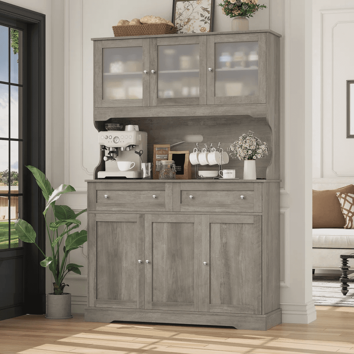 Hiphuta 72"Tall Kitchen Pantry Storage Cabinet with Power Outlet, Freestanding Cupboard Storage Buffet Hutch with Microwave Stand, Storage Pantry with Drawers & Glass Doors, Ash Gray
