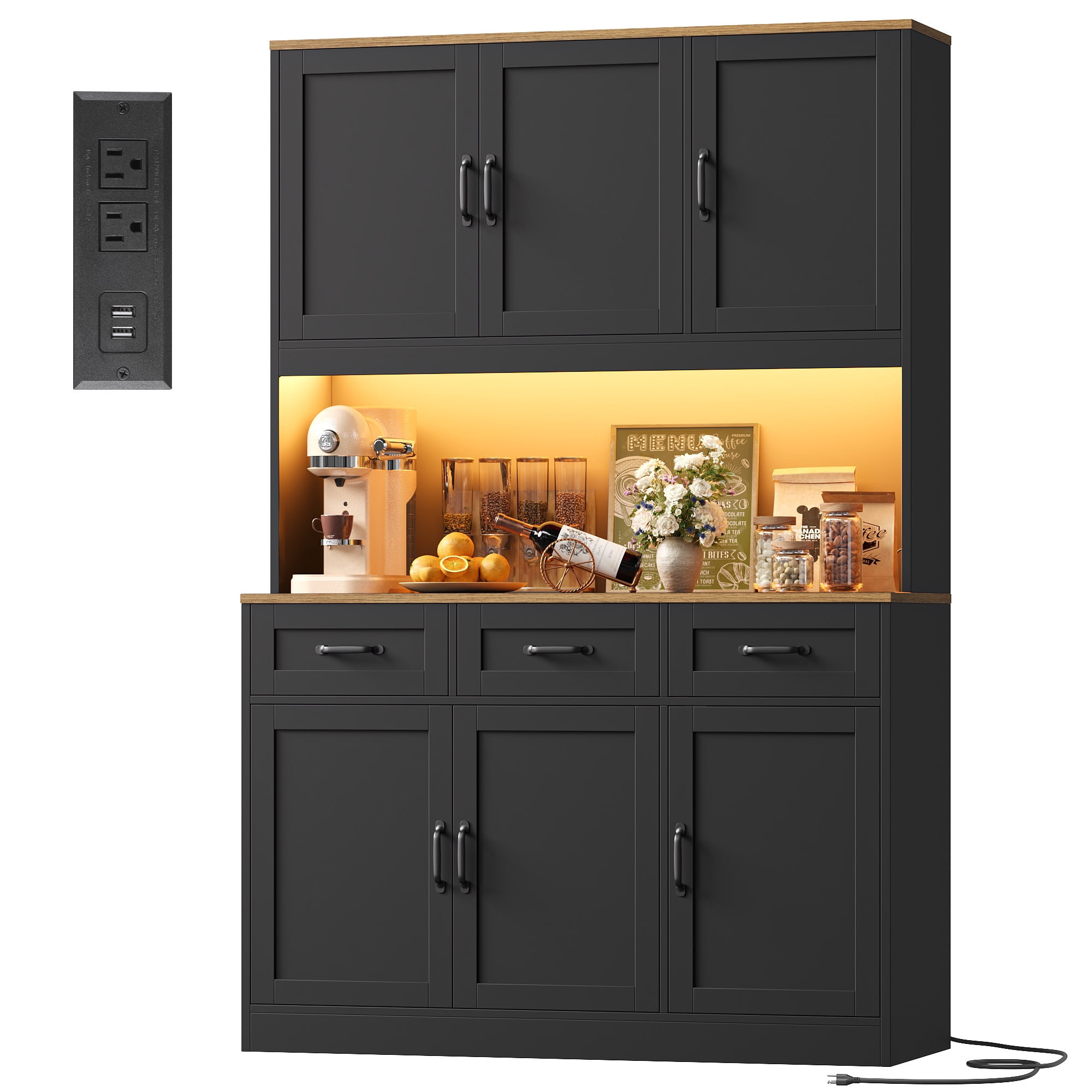 Hiphuta 72" Tall Kitchen Pantry Storgae Cabinet with RGB LED, Hutch Cabinet with Charging Station and Adjustable Shelves for Dining Room, Black & Oak