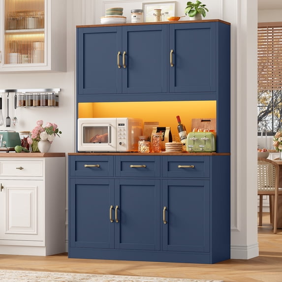 Hiphuta 72" Tall Kitchen Pantry Storgae Cabinet with RGB LED, Hutch Cabinet with Charging Station and Adjustable Shelves for Dining Room, Blue