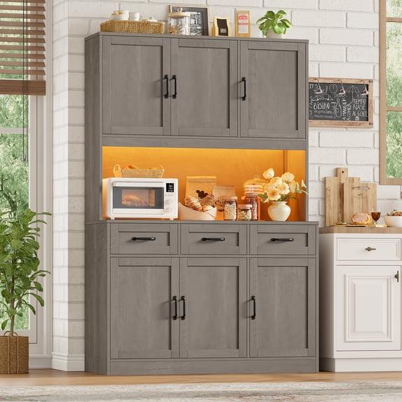 Hiphuta 72" Tall Kitchen Pantry Storgae Cabinet with RGB LED, Hutch Cabinet with Charging Station and Adjustable Shelves for Dining Room, Gray