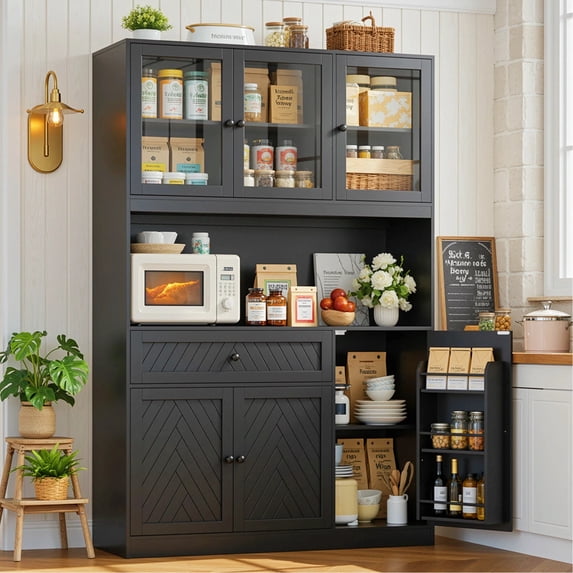 Hiphuta 72" Tall Modern Pantry Cabinet with Adjustable Shelves, Freestanding Kitchen Hutch Cabinet for Dining Room, Black