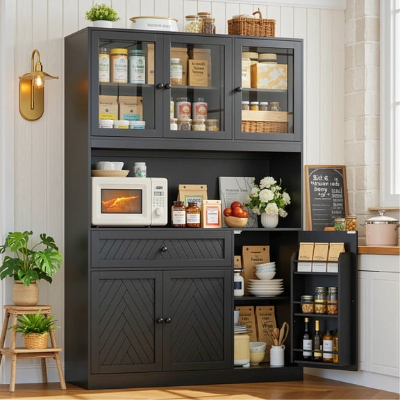 Hiphuta 72" Tall Modern Pantry Cabinet with Adjustable Shelves, Freestanding Kitchen Hutch Cabinet for Dining Room, Black