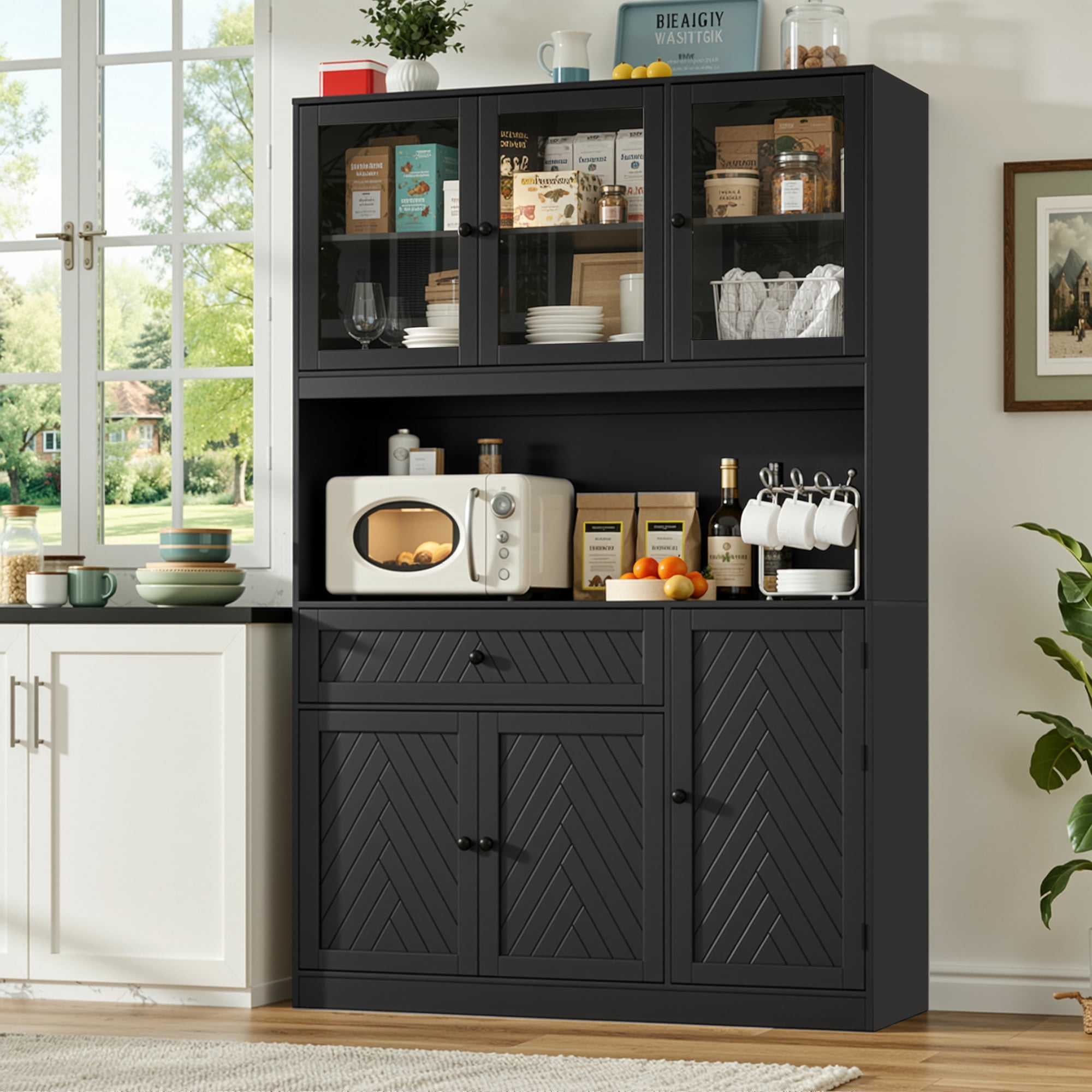 Hiphuta 72" Tall Modern Pantry Cabinet with Adjustable Shelves, Freestanding Kitchen Hutch Cabinet for Dining Room, Black