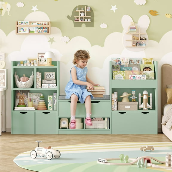 Hiphuta 72"Wide Kids Bookcase with Reading Nook and Under Bench Storage, Wooden Toy Storage Organizer & Book Rack for Kids Room, Green