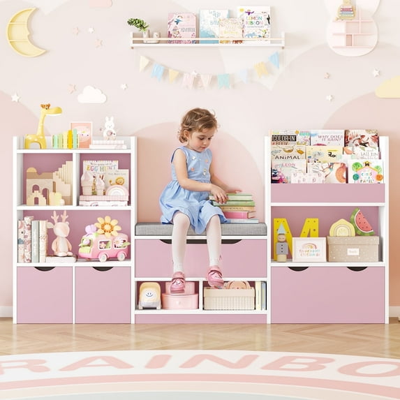 Hiphuta 72"Wide Kids Bookcase with Reading Nook and Under Bench Storage, Wooden Toy Storage Organizer & Book Rack for Kids Room, Pink