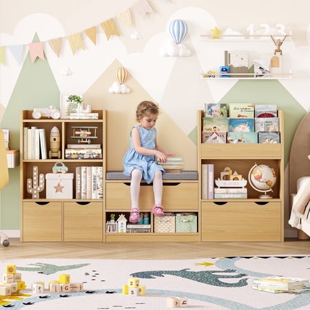 Hiphuta 72"Wide Kids Bookcase with Reading Nook and Under Bench Storage, Wooden Toy Storage Organizer & Book Rack for Kids Room, Natural
