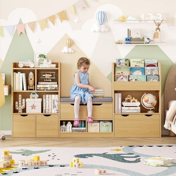 Hiphuta 72"Wide Kids Bookcase with Reading Nook and Under Bench Storage, Wooden Toy Storage Organizer & Book Rack for Kids Room, Natural