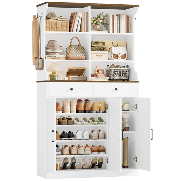 Hiphuta 73 Tall Shoe Cabinet with Doors and 2 Drawers, Hidden Shoe Storage Cabinet with Hanging Hooks, Wood Shoe Rack Organizer for Entryway, Hallway and Living Room, White