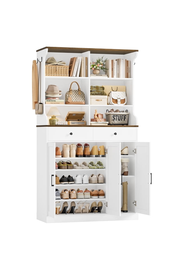 73 Tall Shoe Cabinet with Doors and 2 Drawers, Hidden Shoe Storage Cabinet with Hanging Hooks, Wood Shoe Rack Organizer for Entryway, Hallway and Living Room, White