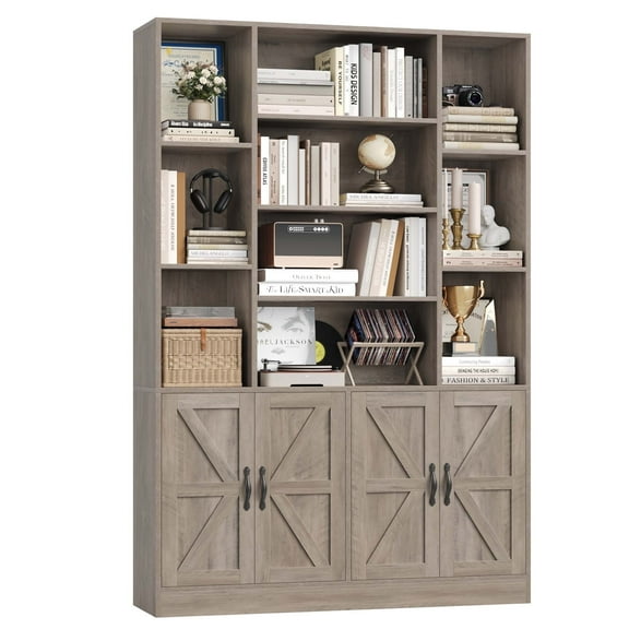 Hiphuta 75" Tall Modern Bookcases with 2 Double Door Cabinet, 47"Wide Wooden Storage Bookshelf for Living Room Home Office Entryway, Ash Gray
