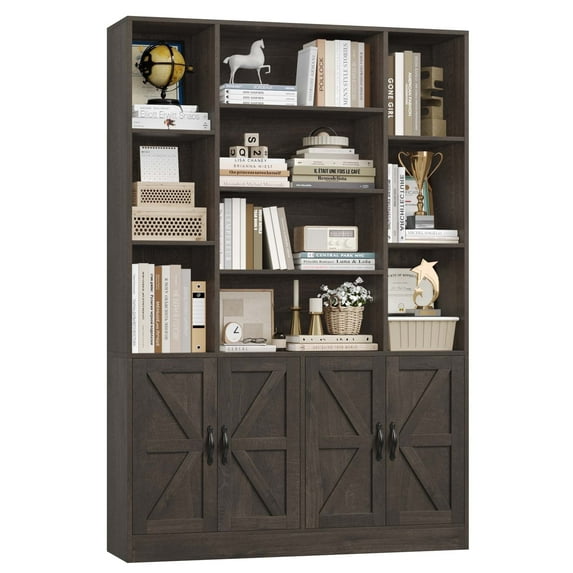 Hiphuta 75" Tall Modern Bookcases with 2 Double Door Cabinet, 47"Wide Wooden Storage Bookshelf for Living Room Home Office Entryway, Dark Brown