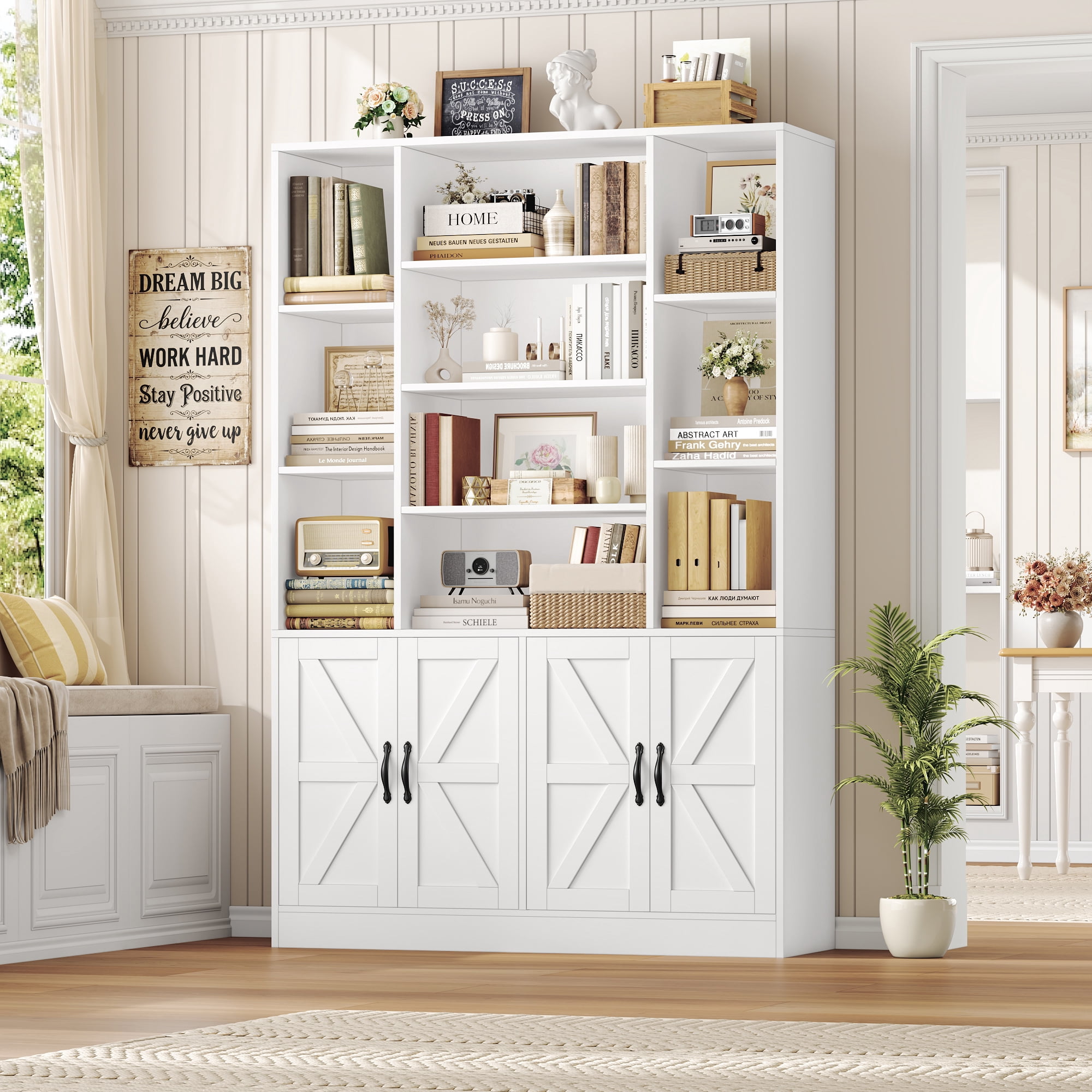 Hiphuta 75" Tall Modern Bookcases with 2 Double Door Cabinet, 47"Wide Wooden Storage Bookshelf for Living Room Home Office Entryway, White