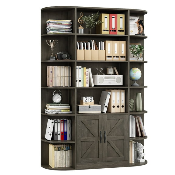 Hiphuta 75"Tall Bookcase with Storage, 6 Tier Wooden Bookshelf with Doors for Living Room, 47"Wide Wood Display Shelves with Book Storage Cabinet for Home Office Entryway, Dark Brown