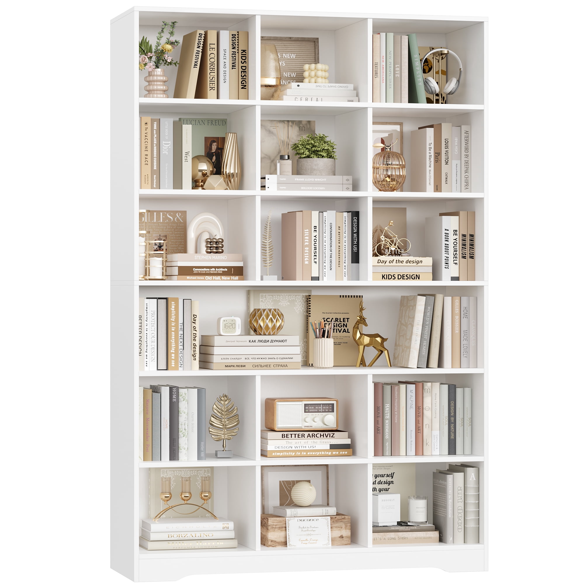 Hiphuta 76"H x 47"W Wood 6-Tier Standard Bookcase, Tall Bookcase for Bedroom, Freestanding 18 Cubes Display Storage Shelves, Living Room and Office, White