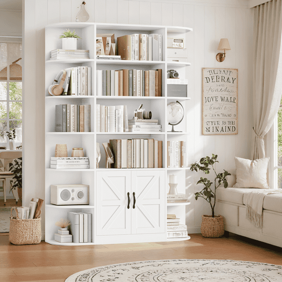 Hiphuta 75"Tall Bookcase with Storage, 6 Tier Wooden Bookshelf with Doors for Living Room, 47"Wide Wood Display Shelves with Book Storage Cabinet for Home Office Entryway, White