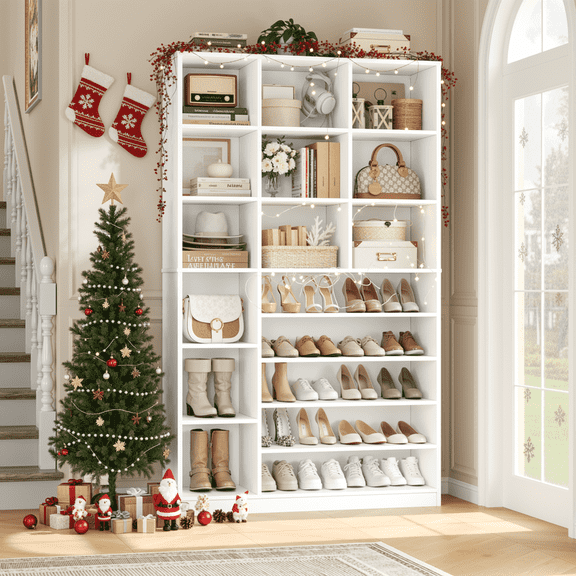 Hiphuta 74" Tall Shoe Storage Cabinet, 6 Tier Shoe Rack Organizer with Adjustable Shelves, Cube Storage Cabinet for Entryway Bedroom Living Room, White