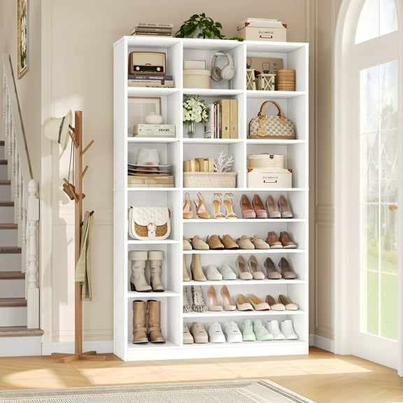 Hiphuta 74" Tall Shoe Storage Cabinet, 6 Tier Shoe Rack Organizer with Adjustable Shelves, Cube Storage Cabinet for Entryway Bedroom Living Room, White