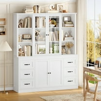Hiphuta 74 in Tall Bookcase with 6 Drawers, Large Bookcase with Glass Door and Adjustable Shelves, Farmhouse Bookcase with Bark Texture, White