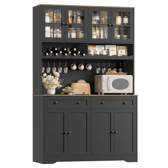Hiphuta 75"Tall Kitchen Pantry Storage Cabinet with Power Outlet, Large Pantry Cabinet with Microwave Stand, Modern Freestanding Cupboard Hutch for Home Dinning Room, Black