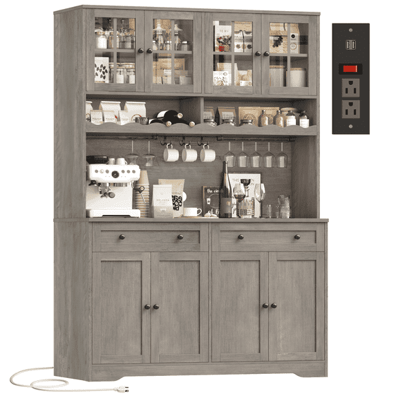 Hiphuta 75"Tall Kitchen Pantry Storage Cabinet with Power Outlet, Large Pantry Cabinet with Microwave Stand, Modern Freestanding Cupboard Hutch for Home Dinning Room, Ash Gray