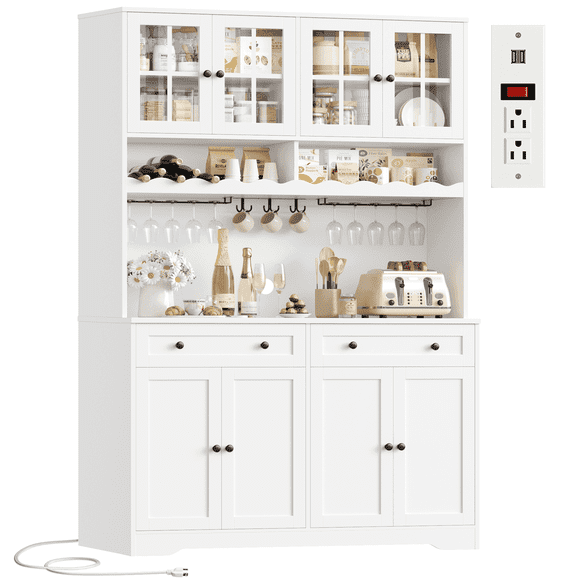 Hiphuta 75"Tall Kitchen Pantry Storage Cabinet with Power Outlet, Large Pantry Cabinet with Microwave Stand, Modern Freestanding Cupboard Hutch for Home Dinning Room, White