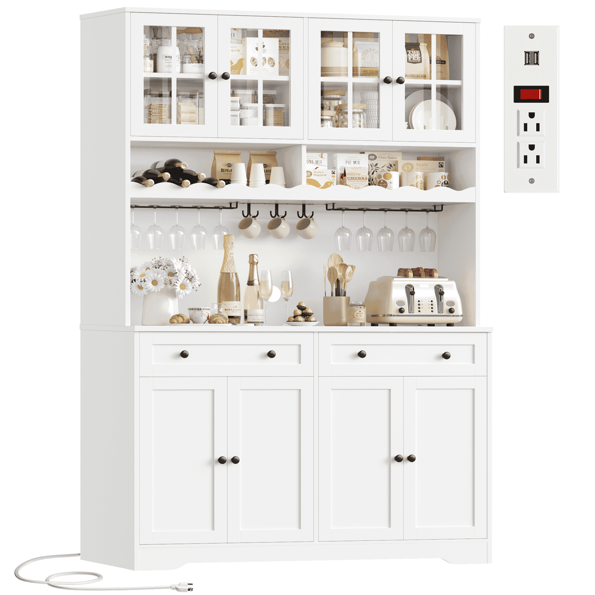 Hiphuta 75"Tall Kitchen Pantry Storage Cabinet with Power Outlet, Large Pantry Cabinet with Microwave Stand, Modern Freestanding Cupboard Hutch for Home Dinning Room, White