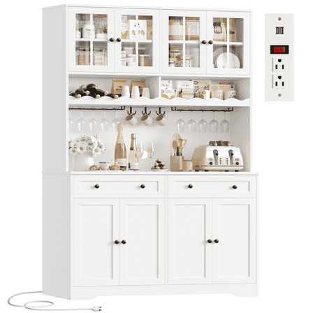Hiphuta 75"Tall Kitchen Pantry Storage Cabinet with Power Outlet, Large Pantry Cabinet with Microwave Stand, Modern Freestanding Cupboard Hutch for Home Dinning Room, White
