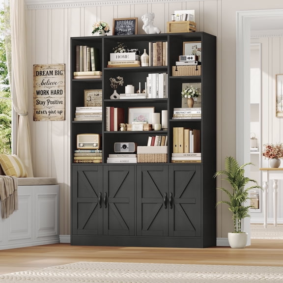 Hiphuta 71" Tall Modern Bookcases with 2 Double Door Cabinet, 47"Wide Wooden Storage Bookshelf for Living Room Home Office Entryway, Black