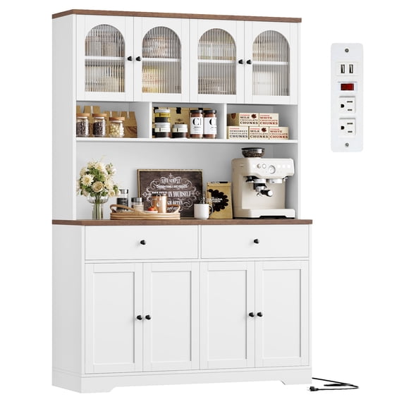 Hiphuta 71" Tall Kitchen Pantry Storage Cabinet with Glass Doors and Microwave Stand, Modern Buffet with Hutch and Charging Outlets, Coffee Bar Cabinet for Kitchen Dining Room, White