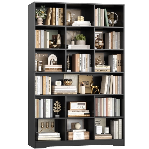 Hiphuta 76"H x 47"W Wood 6-Tier Standard Bookcase, Tall Bookcase for Bedroom, Freestanding 18 Cubes Display Storage Shelves, Living Room and Office, Black