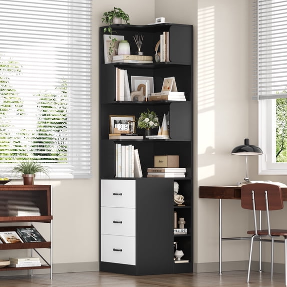 Hiphuta 77"Tall L-Shaped Corner Bookshelf with Drawers and Side Storage, Modern Wood Bookcase with 4-Tier Display Shelves Storage Cabinet for Living Room Home Office , Black & White