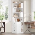 thumbnail image 1 of Hiphuta 77"Tall L-Shaped Corner Bookshelf with Drawers and Side Storage, Modern Wood Bookcase with 4-Tier Display Shelves Storage Cabinet for Living Room Home Office , White, 1 of 7