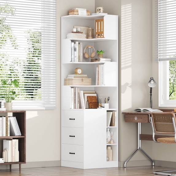 Hiphuta 77"Tall L-Shaped Corner Bookshelf with Drawers and Side Storage, Modern Wood Bookcase with 4-Tier Display Shelves Storage Cabinet for Living Room Home Office , White