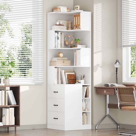 Hiphuta 77"Tall L-Shaped Corner Bookshelf with Drawers and Side Storage, Modern Wood Bookcase with 4-Tier Display Shelves Storage Cabinet for Living Room Home Office , White