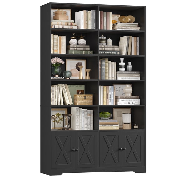 Hiphuta 78"H x 47"W Bookcase with Doors, Tall Bookshelves with Storage, 5-Tier Shelves Freestanding Display Bookcase for Home Office and Living Room, Black
