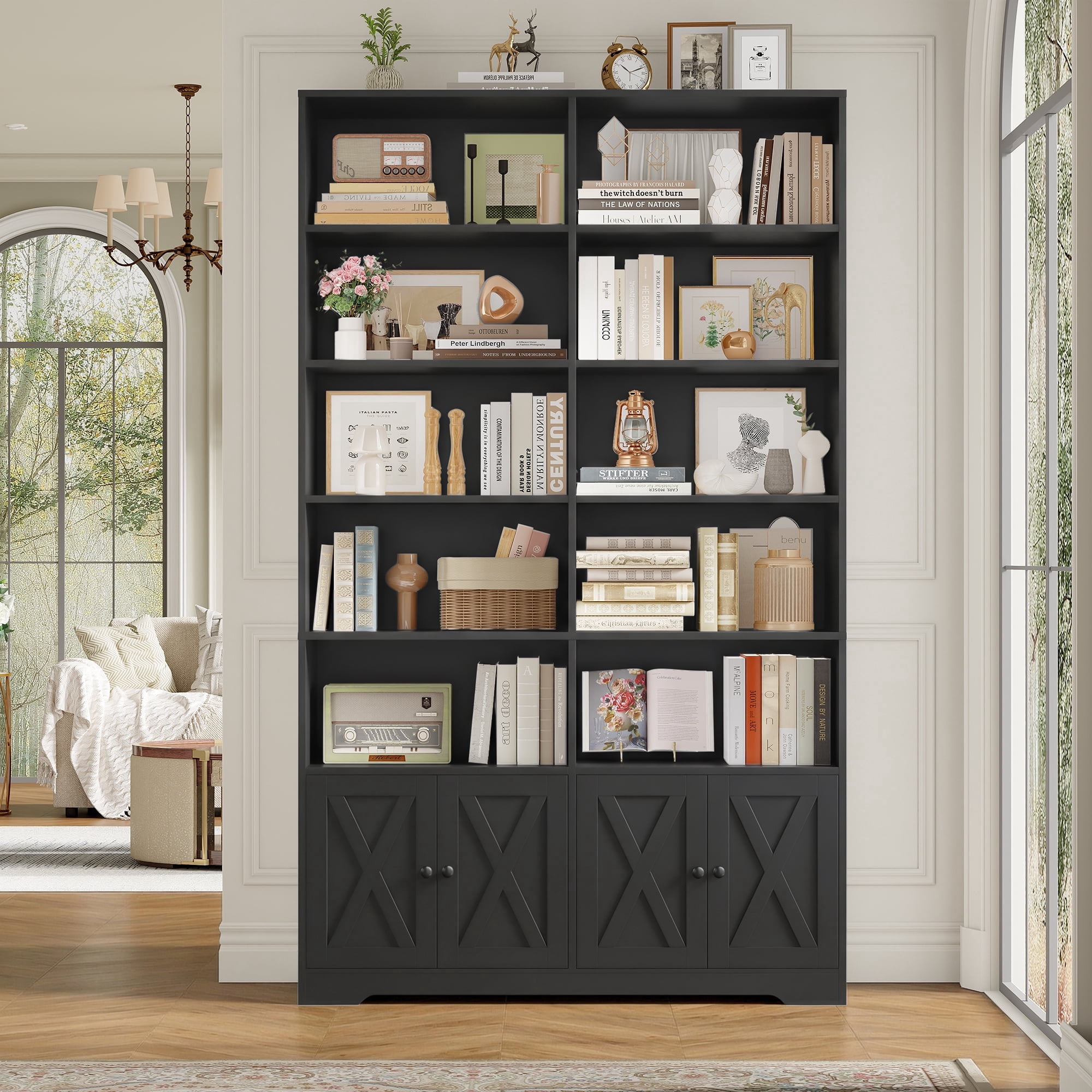 Hiphuta 78"H x 47"W Bookcase with Doors, Tall Bookshelves with Storage, 5-Tier Shelves Freestanding Display Bookcase for Home Office and Living Room, Black