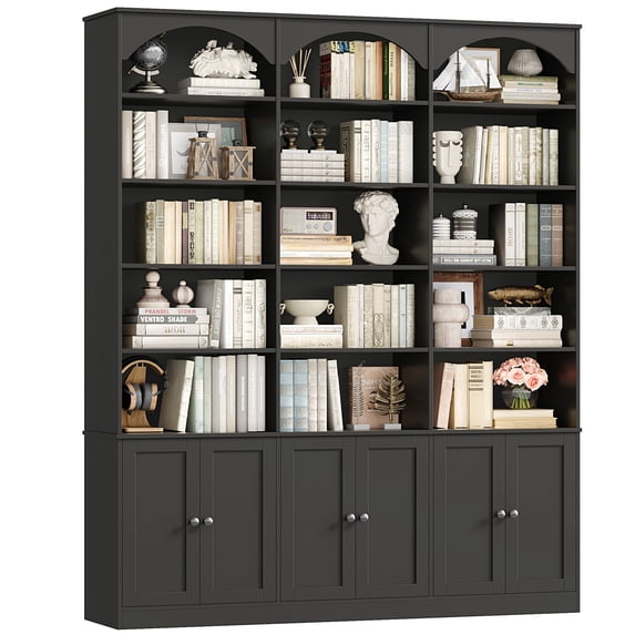 Hiphuta 61" Wide Triple Row Bookcase with 6 Adjustable Shelves, Extra Large 7-Tier Arched Book Shelf with 15 Cubes and 6 Doors, for Home Office Living Room, Black