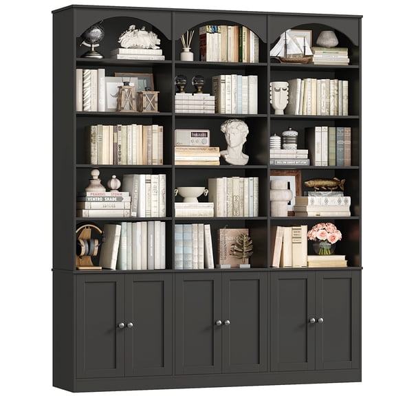 Hiphuta 61" Wide Triple Row Bookcase with 6 Adjustable Shelves, Extra Large 7-Tier Arched Book Shelf with 15 Cubes and 6 Doors, for Home Office Living Room, Black