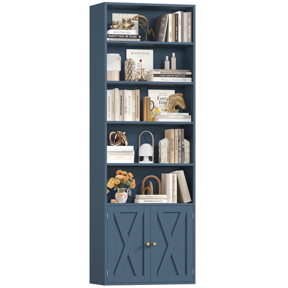 Hiphuta 82.3" Tall Bookcase with Doors, 5-Tier Bookshelves with Storage, 23.6"W Display Shelf with 2 Doors for Home Office, Living Room, Blue