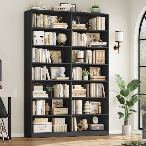 Hiphuta 84"H Double Wide 7-Tier Bookcase, Large Modern Bookcase for Home Office and Living Room, Freestanding Display Book Shelves, Black