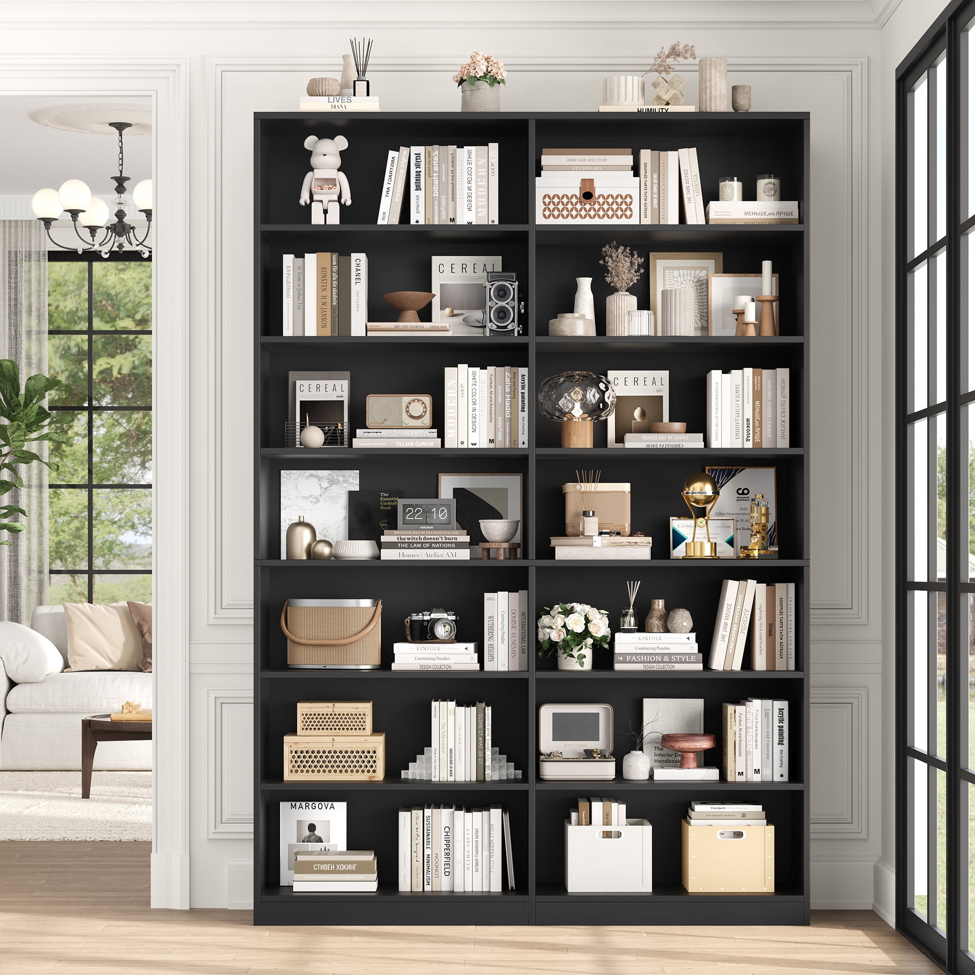 Hiphuta 84" Tall Double Wide 7-Tier Bookcase with 14 Cubes, Large Open Bookcase for Home Office and Living Room, Freestanding Display Book Shelves, Black