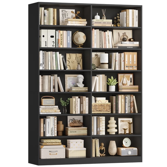 Hiphuta 84" Tall Double Wide 7-Tier Bookcase with 14 Cubes, Large Open Bookcase for Home Office and Living Room, Freestanding Display Book Shelves, Black