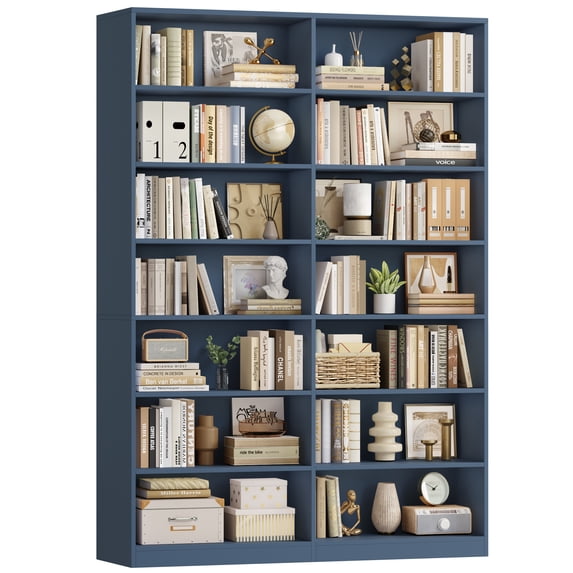 Hiphuta 84" Tall Double Wide 7-Tier Bookcase with 14 Cubes, Large Open Bookcase for Home Office and Living Room, Freestanding Display Book Shelves, Blue