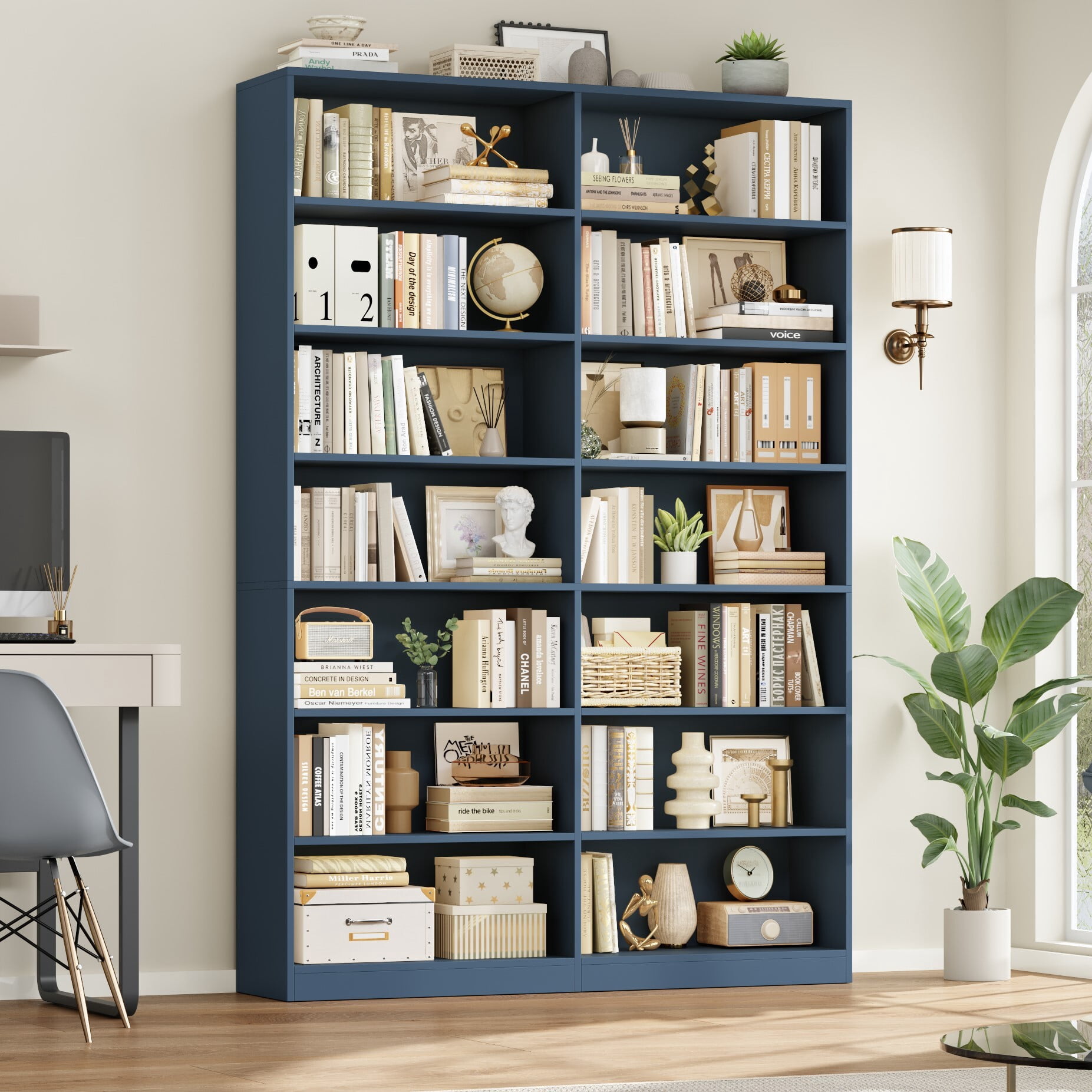 Hiphuta 84" Tall Double Wide 7-Tier Bookcase with 14 Cubes, Large Open Bookcase for Home Office and Living Room, Freestanding Display Book Shelves, Blue