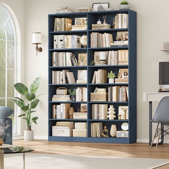 Hiphuta 84"H Double Wide 7-Tier Bookcase, Large Modern Bookcase with 14 Cubes for Home Office and Living Room, Freestanding Display Book Shelves, Blue