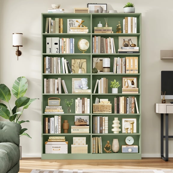 Hiphuta 84" Tall Double Wide 7-Tier Bookcase with 14 Cubes, Large Open Bookcase for Home Office and Living Room, Freestanding Display Book Shelves, Green
