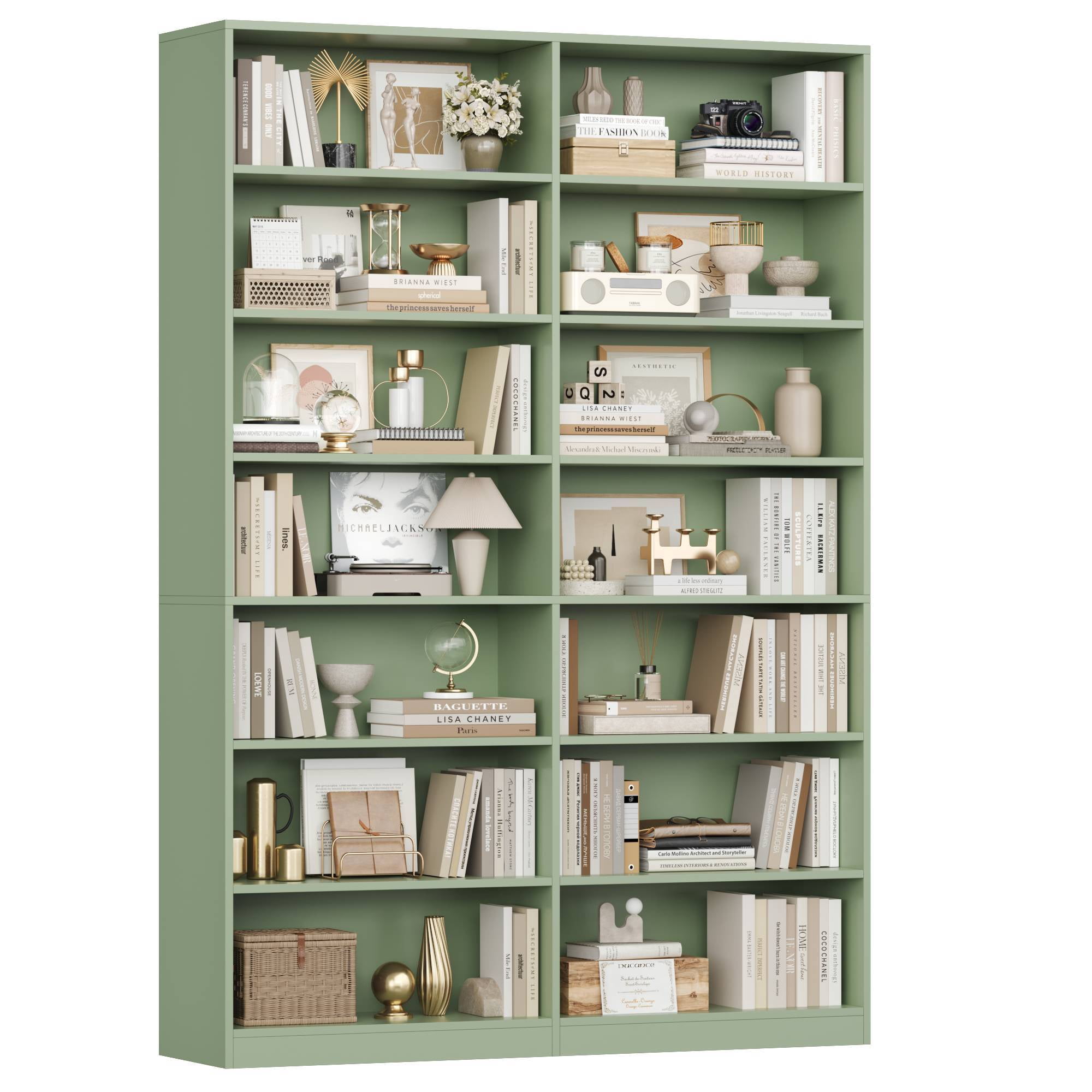 Hiphuta 84" Tall Double Wide 7-Tier Bookcase with 14 Cubes, Large Open Bookcase for Home Office and Living Room, Freestanding Display Book Shelves, Green