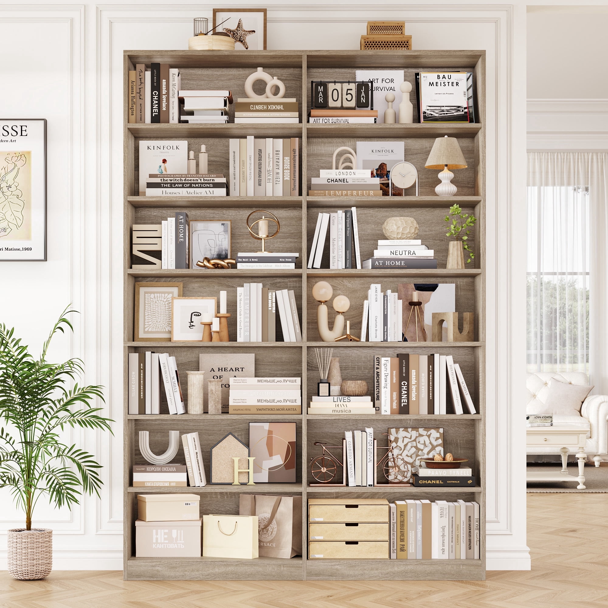 Hiphuta 84" Tall Double Wide 7-Tier Bookcase with 14 Cubes, Large Open Bookcase for Home Office and Living Room, Freestanding Display Book Shelves, Light Oak